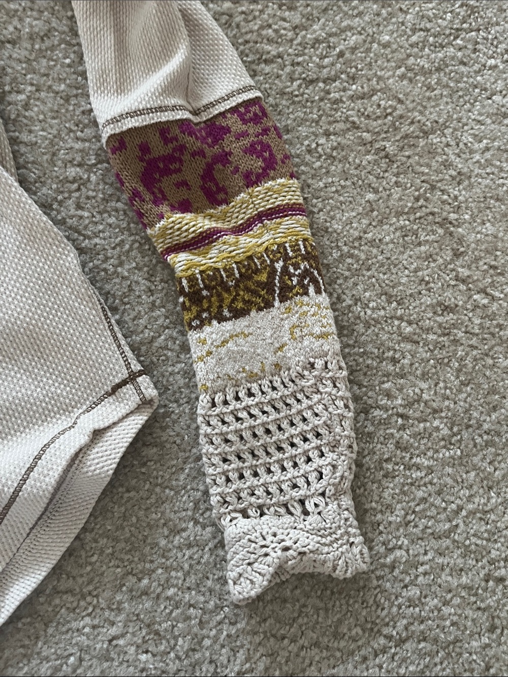 Free People Cream Long Sleeve Top with Crochet and Patterned Cuffs - Picture 3 of 4
